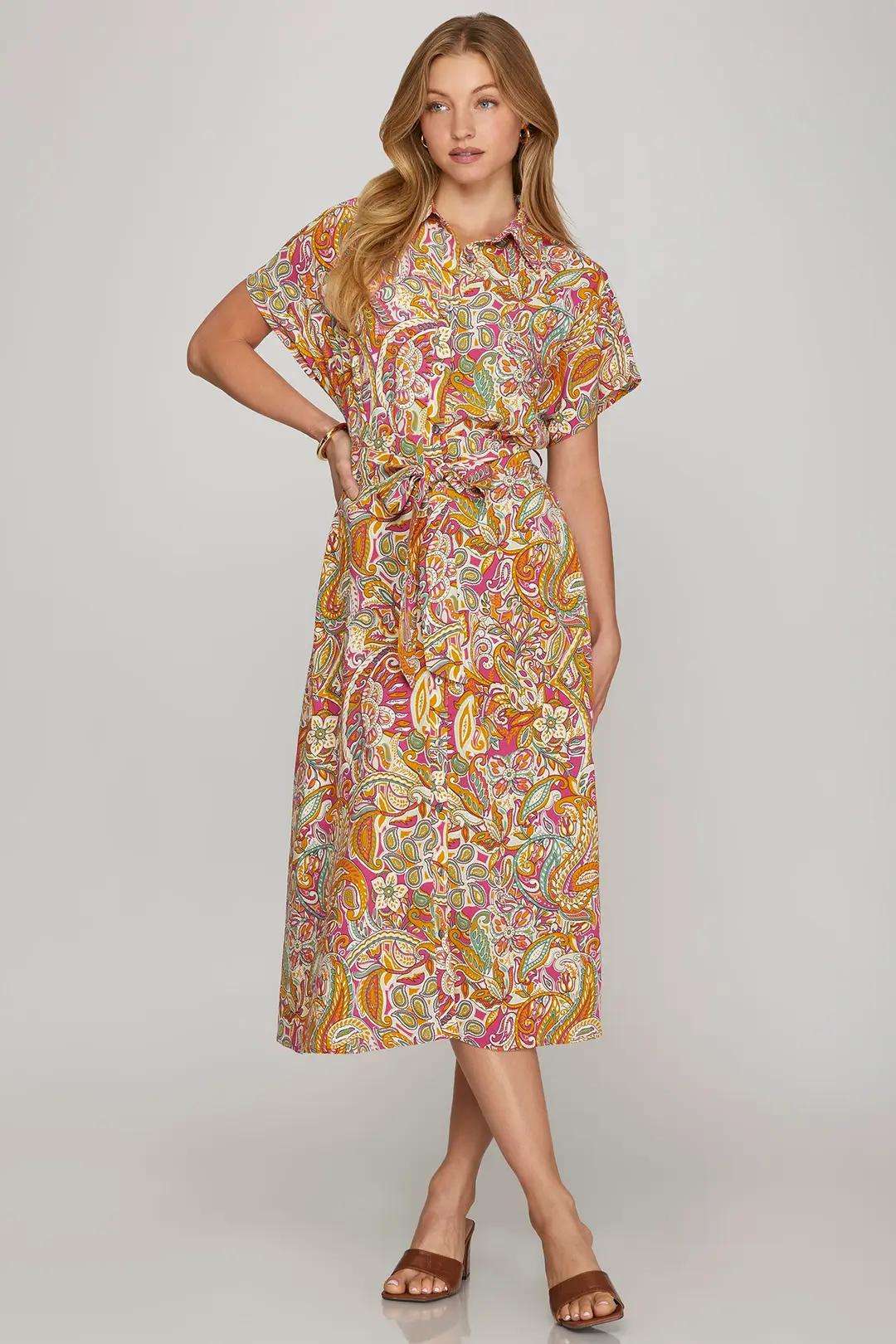 Pink Printed Midi with Waist Tie