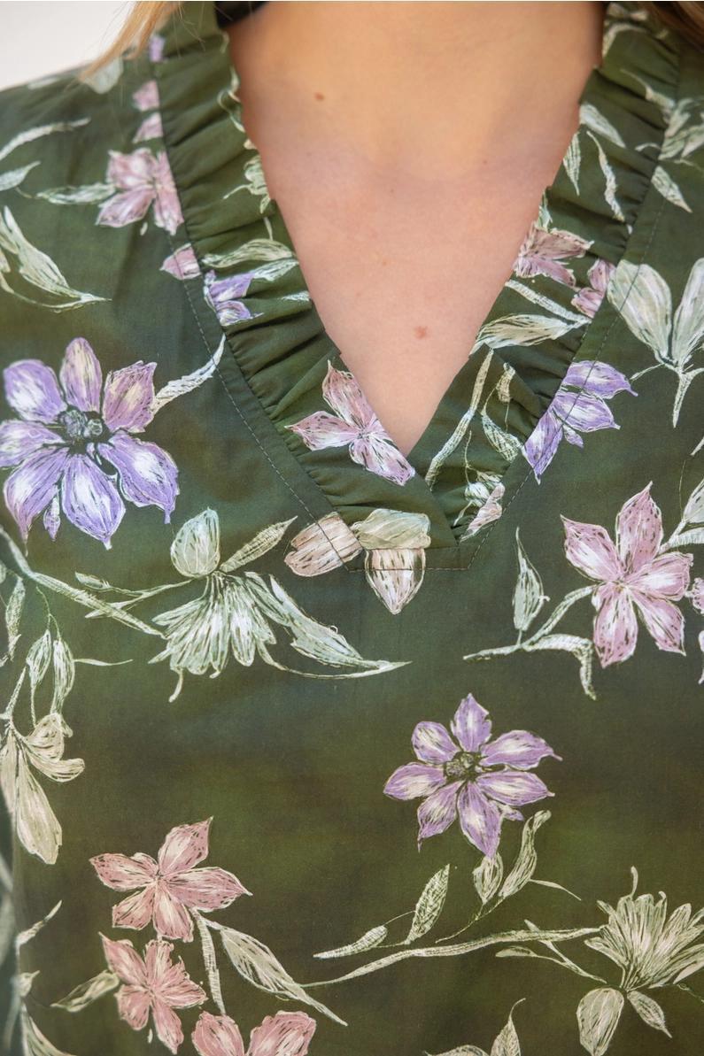 Olive Floral with Striped Band Embroidered Top