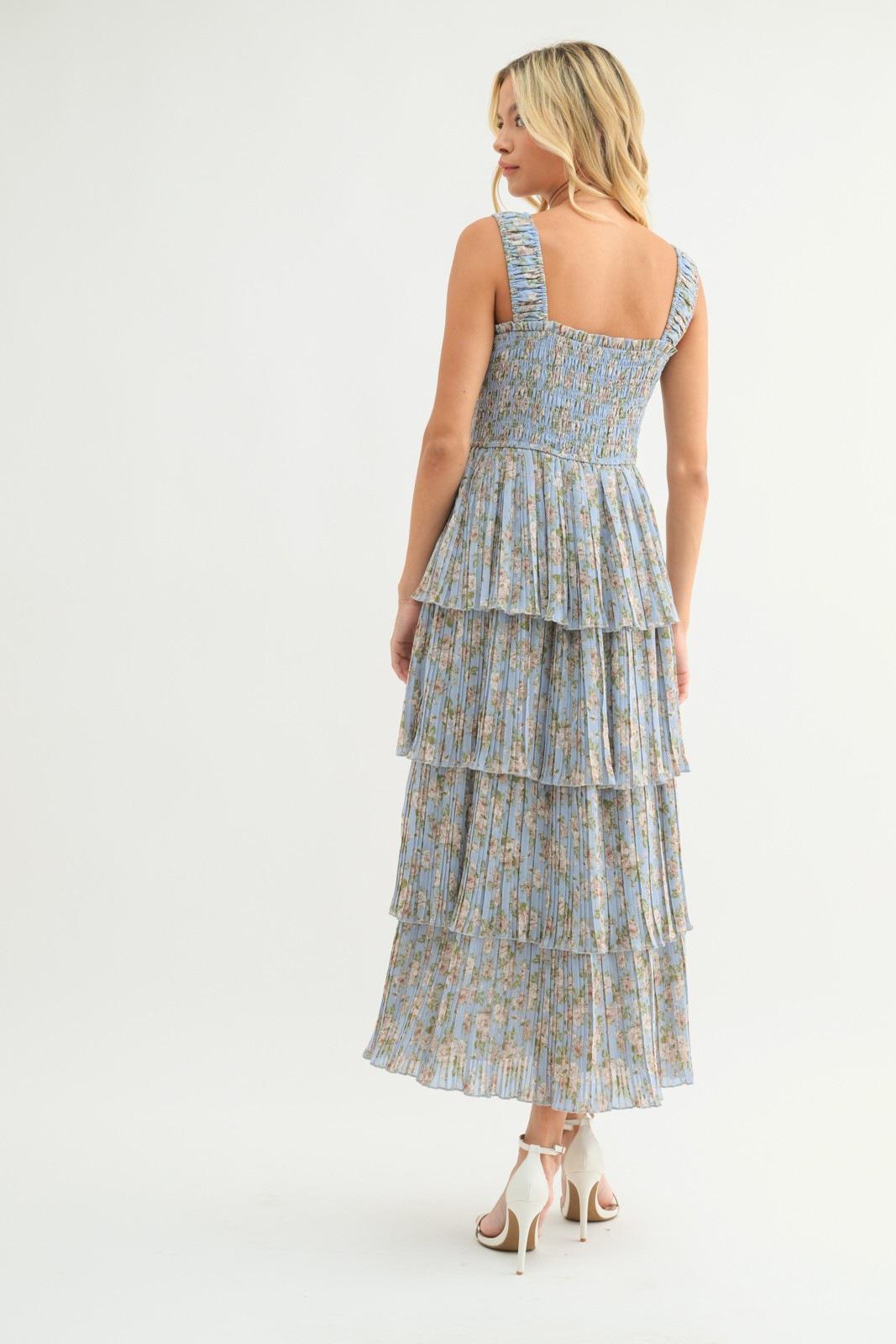 Blue and Cream Floral Tiered Dress