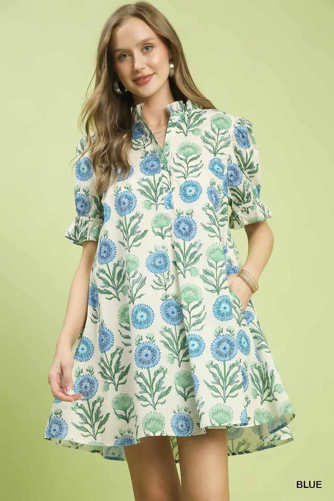 Blue Floral Puff Sleeve Babydoll Dress