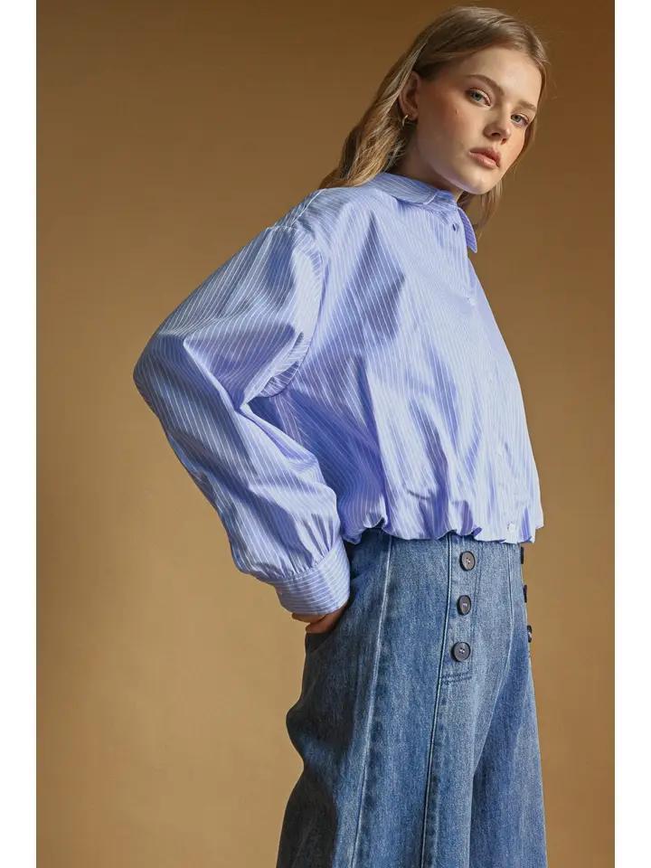 Blue and White Striped Balloon Hem Shirt