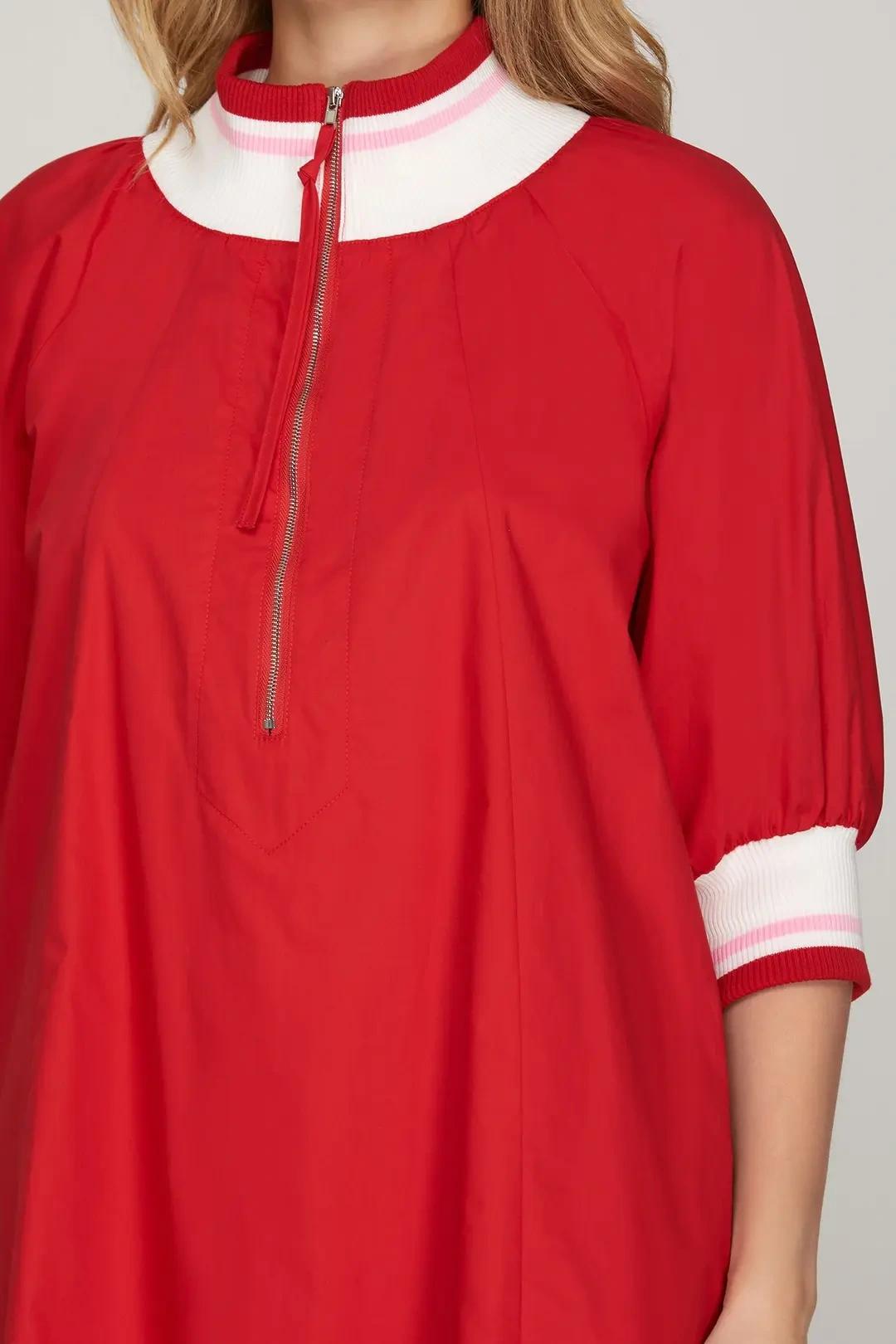 Red Half Sleeve Half Zip Dress