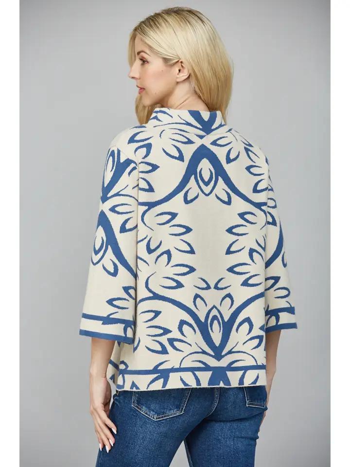 Cream and Teal Blue Jacquard Knit Sweater