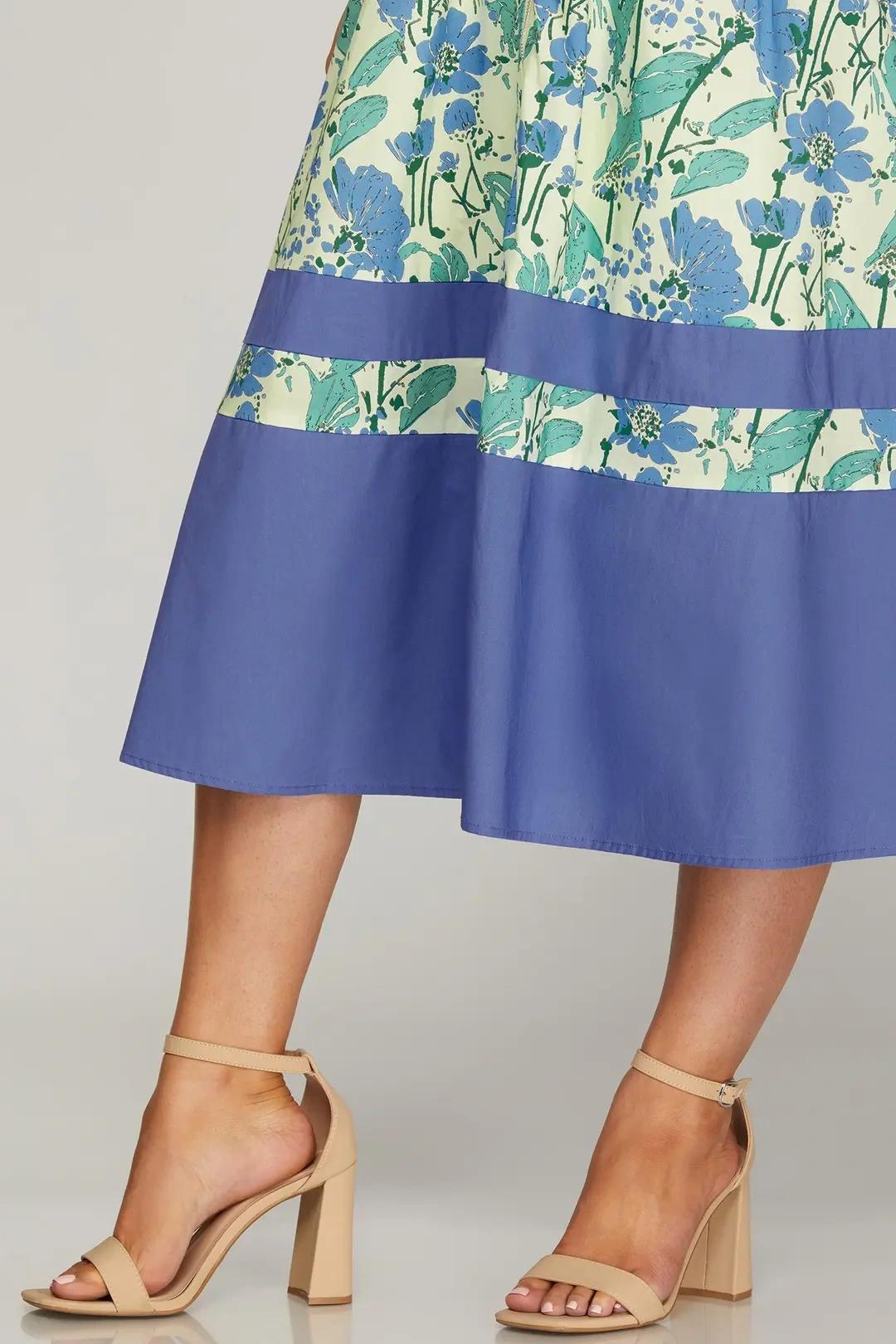 Blue Floral Smocked Zip Front Midi