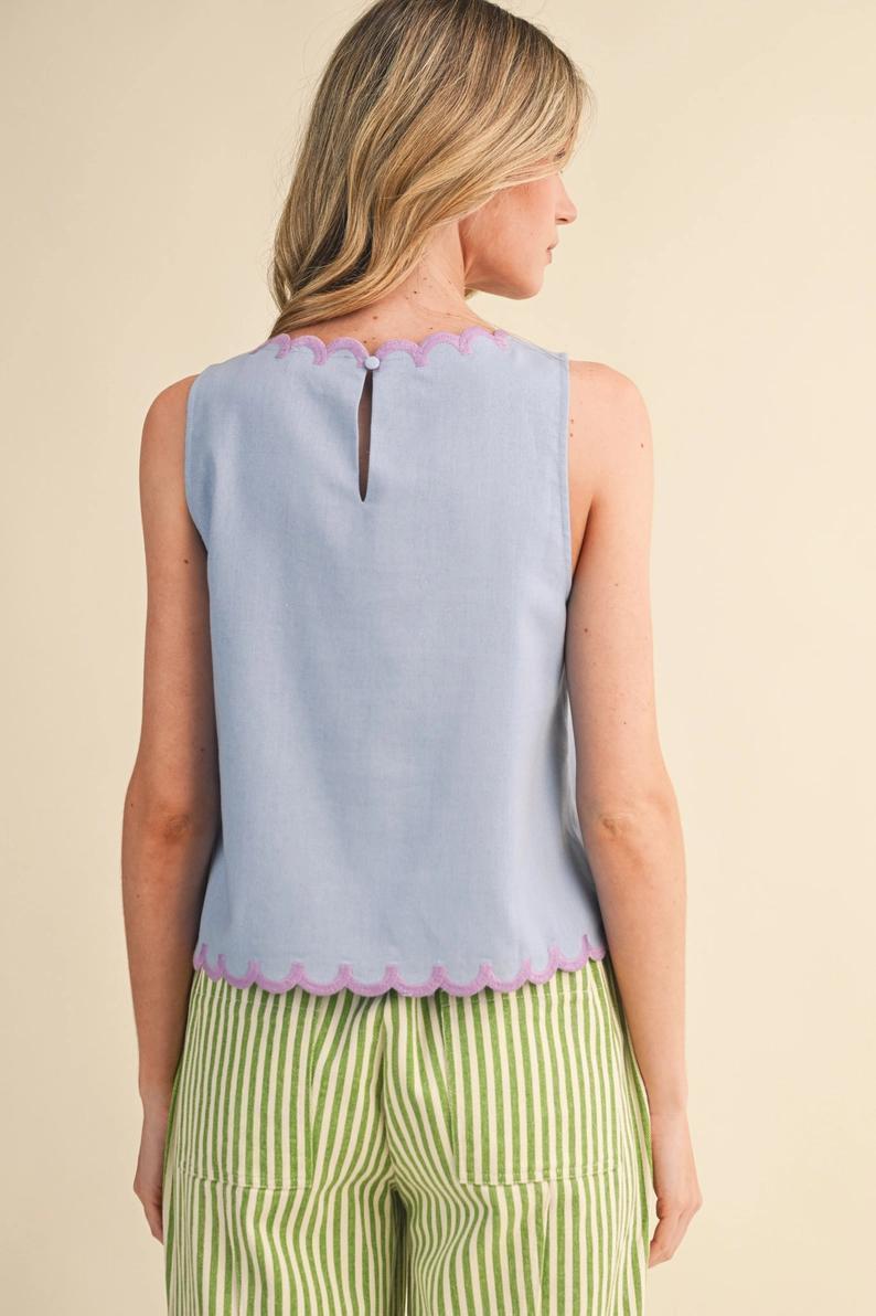 Dusty Periwinkle Blue Embroidered Tank