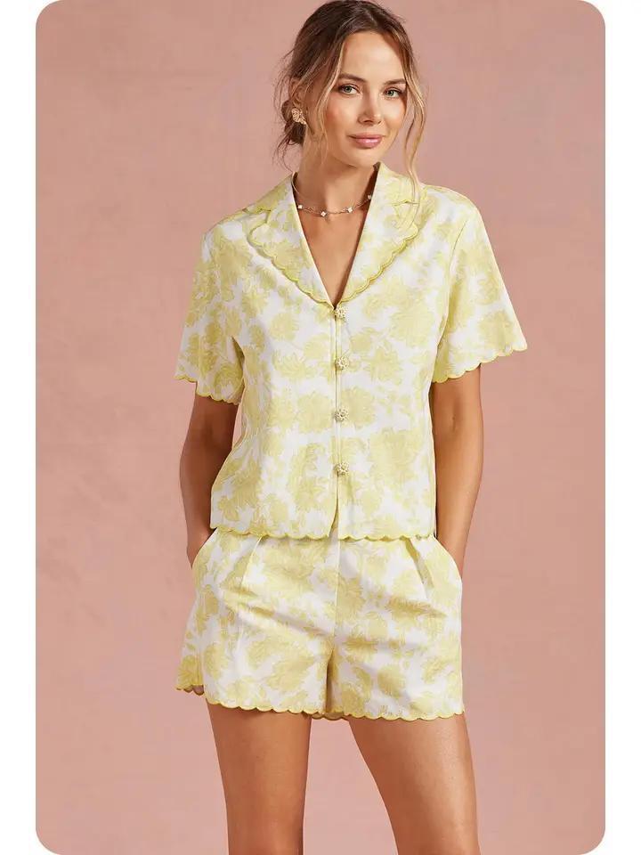 Butter and White Embroidered Scalloped Top