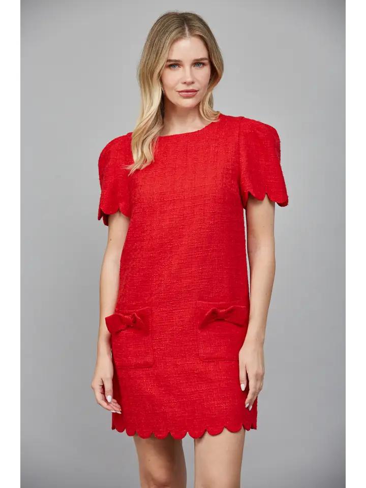 Red Scallop Edged Tweed Dress