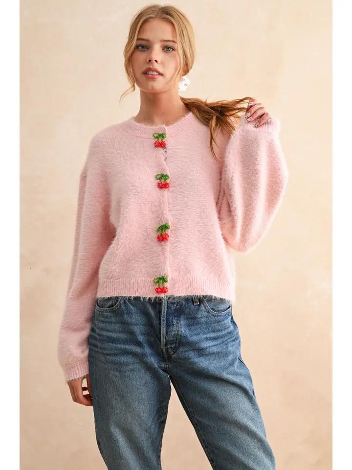 Pink Cherry Button Soft Cardigan