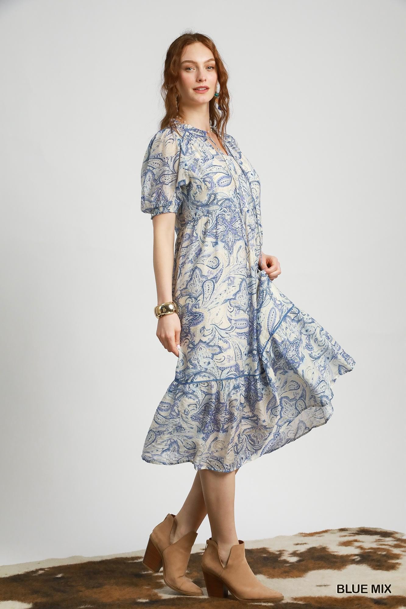 Blue Mix Floral Tiered Midi