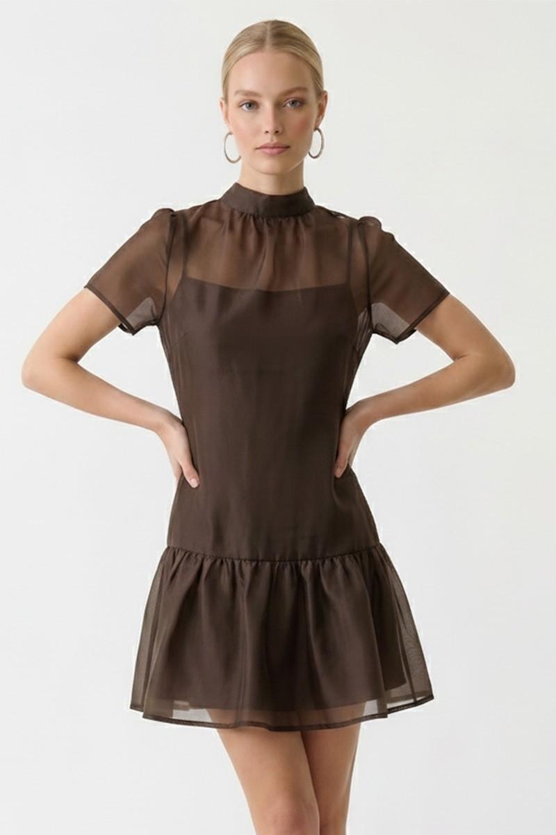 Dark Brown Soft Organza Mini Dress