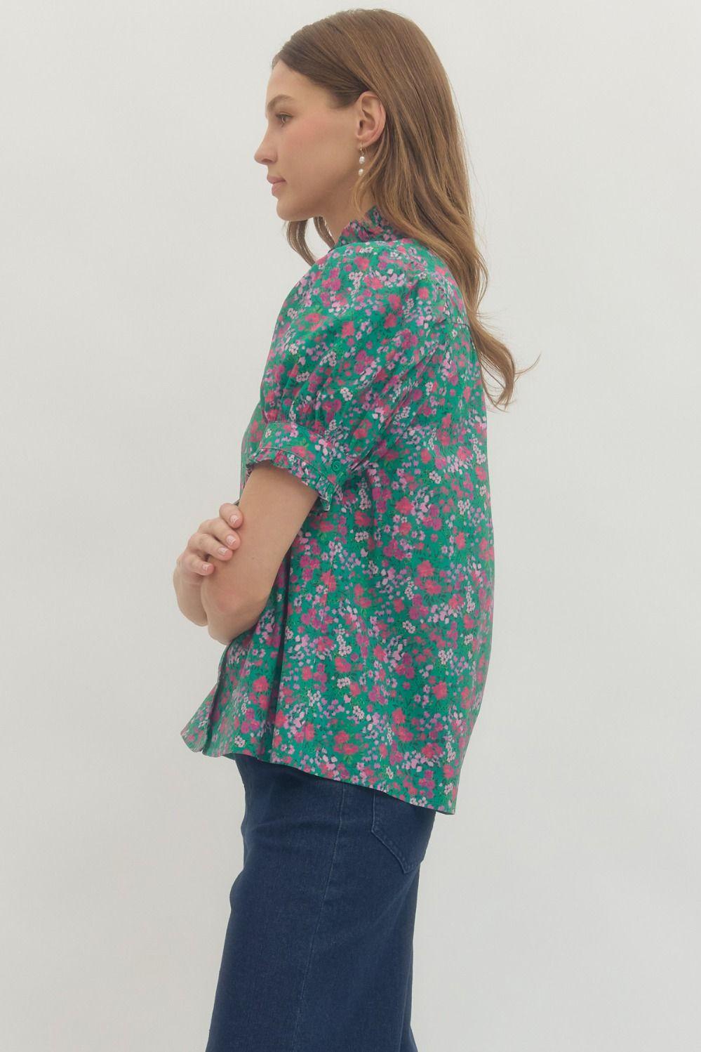 Green Floral  with Ruffled Neck Top