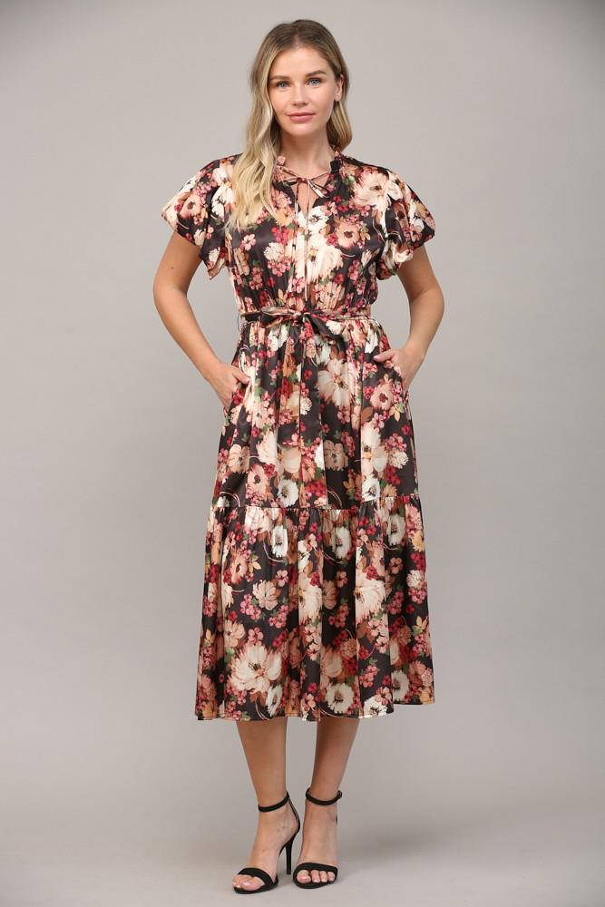 Black Floral Print Satin Dress
