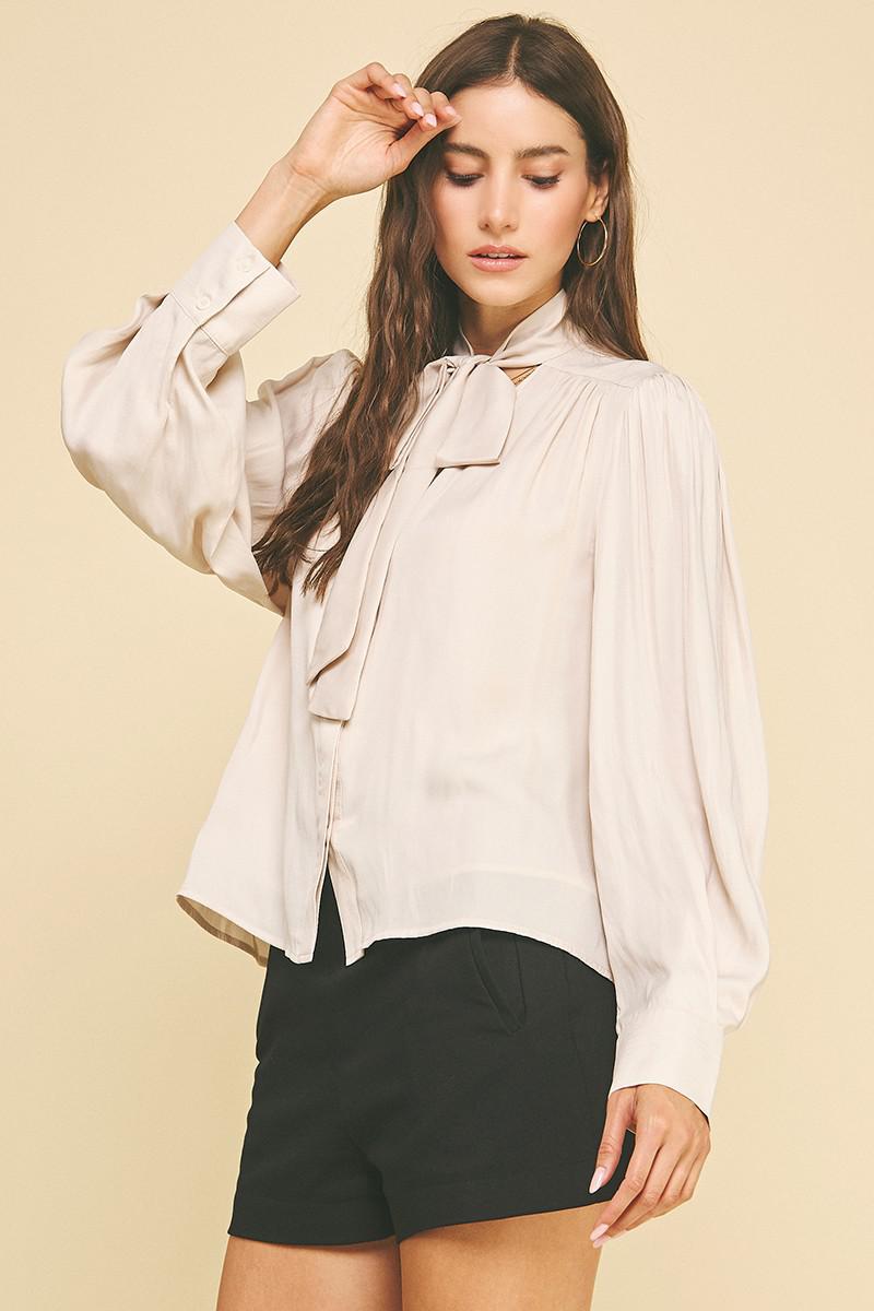 Oat Button Down with Neck Tie Blouse