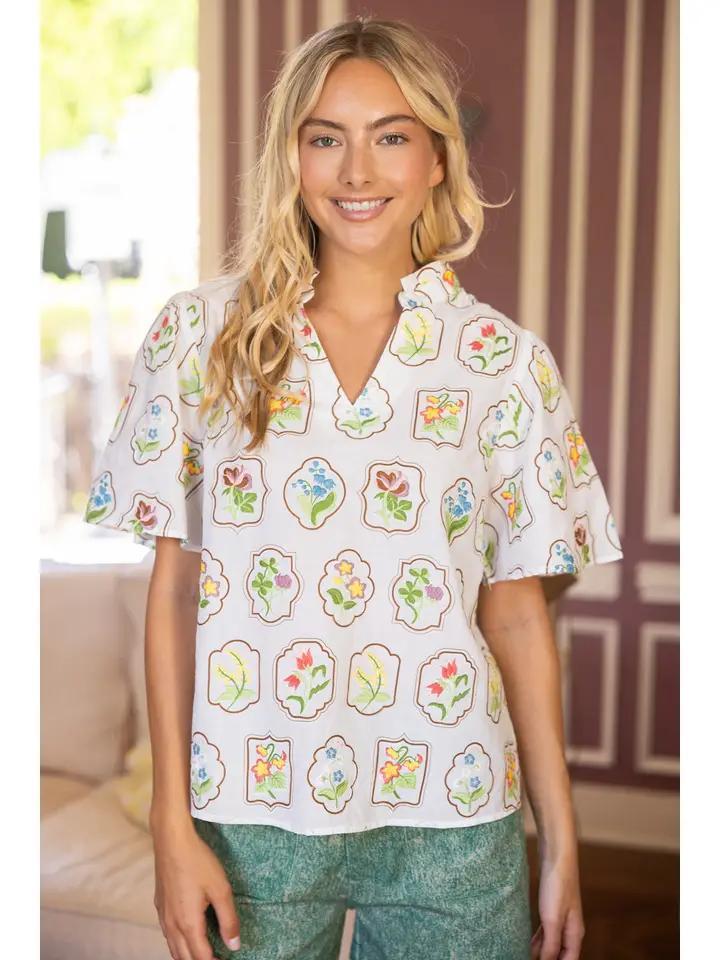 White Framed Floral Top