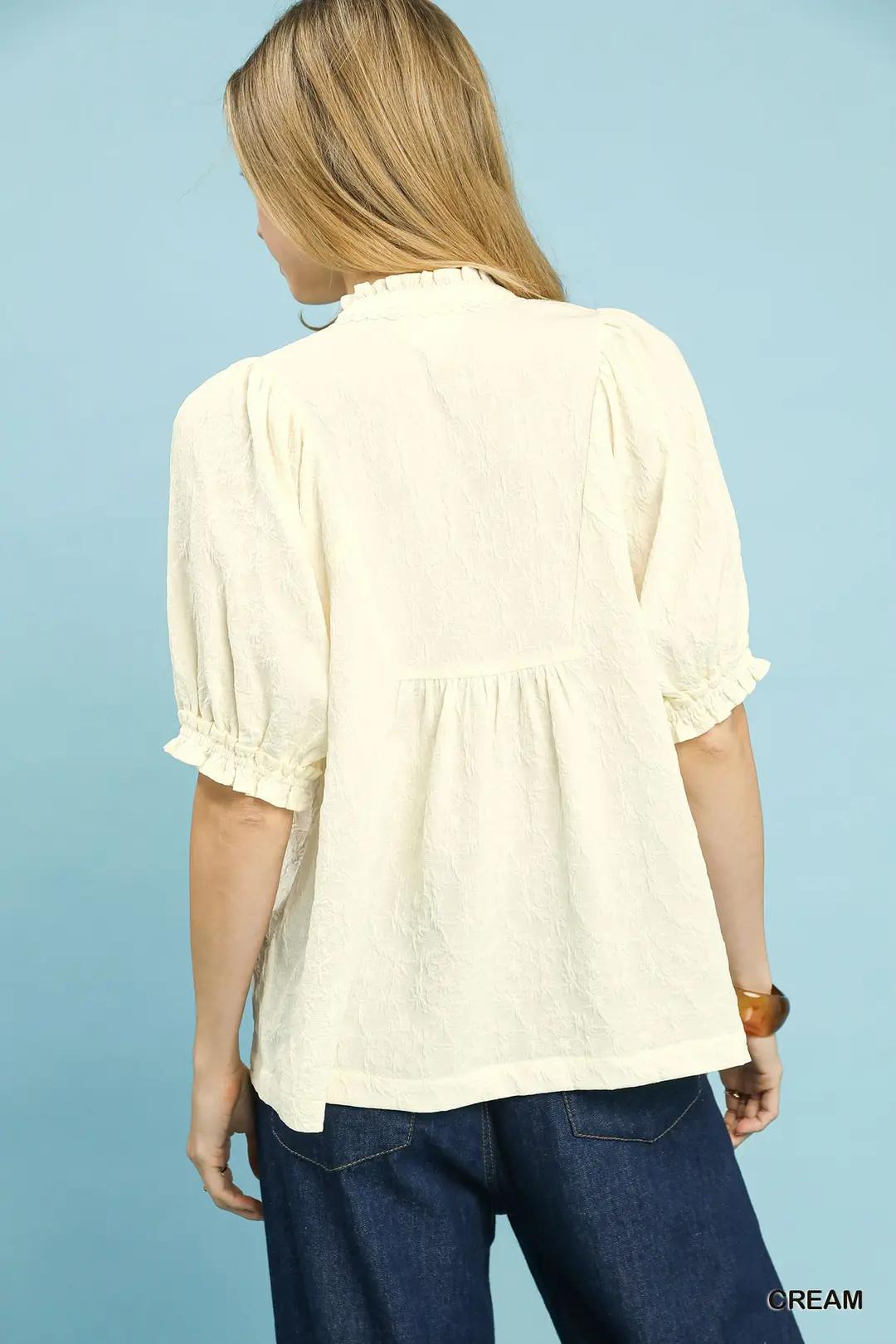 Cream Textured and Smocked Peasant Top