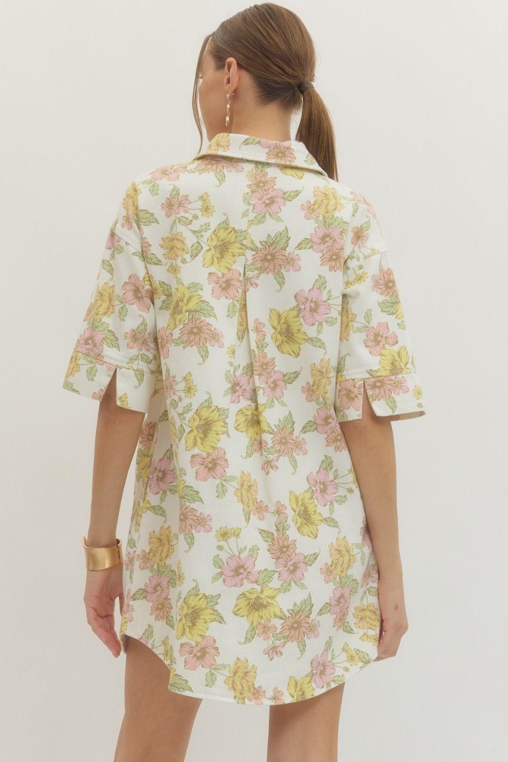 Off White Pink and Yellow Floral Shirt Dress