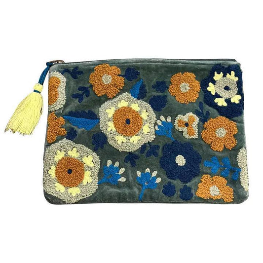 Embroidered Puffy Flowers On Soft Dark Green Pouch Lrg