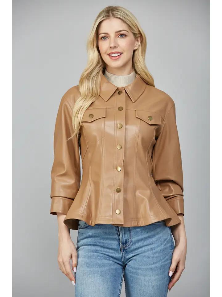 Camel Cinched Faux Leather Jacket