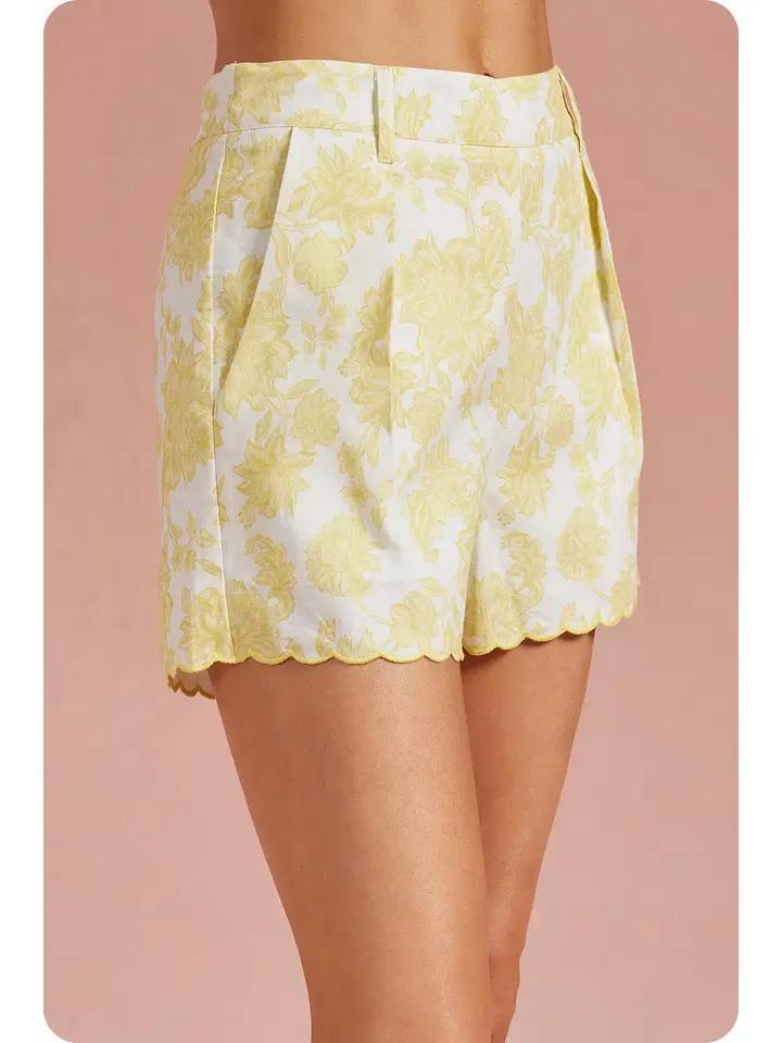 Butter and White Embroidered Scalloped Shorts