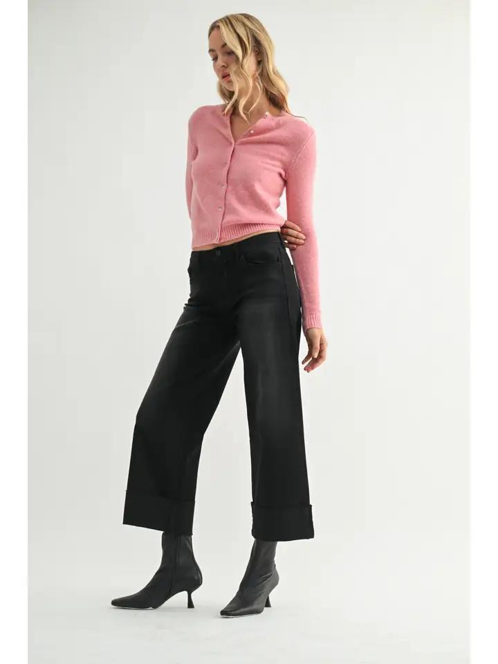 Washed Black Scissor Cut Cuffed Slim Wide