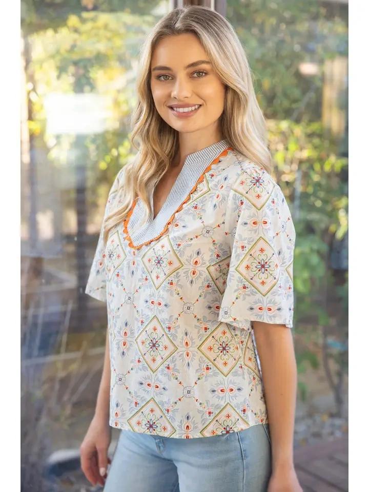 Slate Blue Wave Trimmed Top