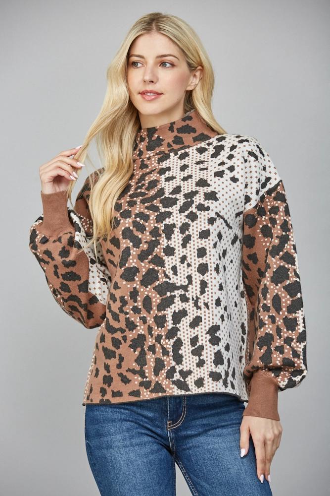 Cream and Brown Animal Patterned Knit Sweater