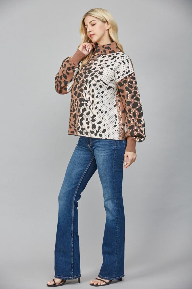 Cream and Brown Animal Patterned Knit Sweater