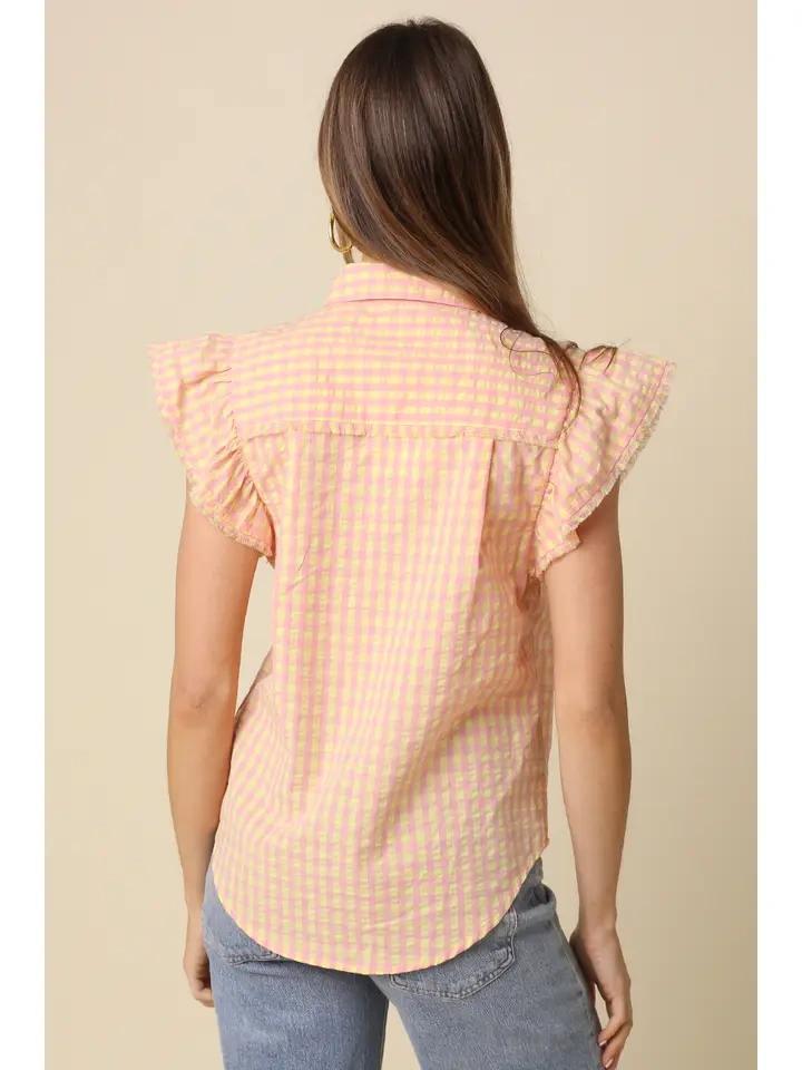 Pink and Yellow Gingham Flutter Sleeve Top