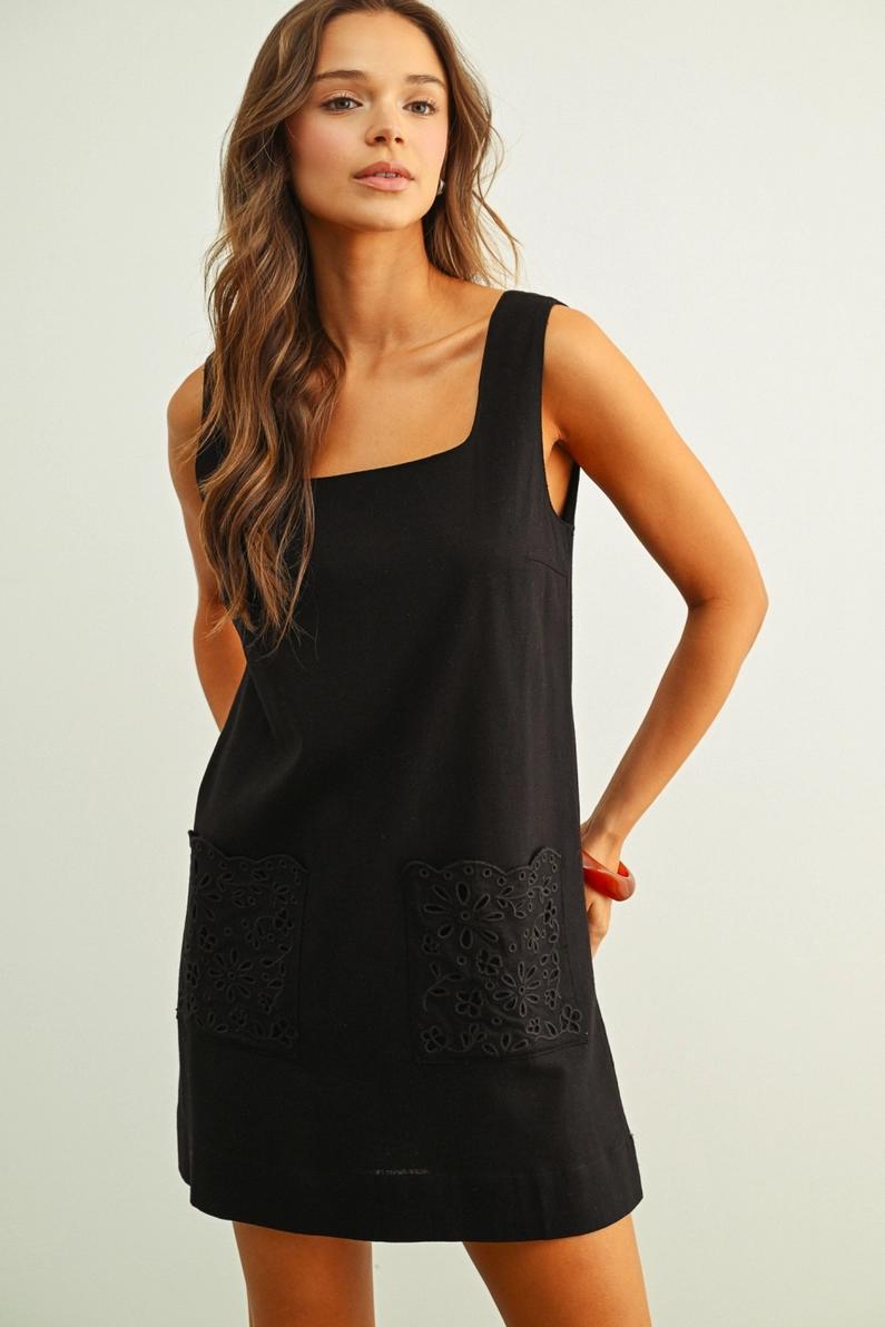 Black Linen Dress with Eyelet Pocket