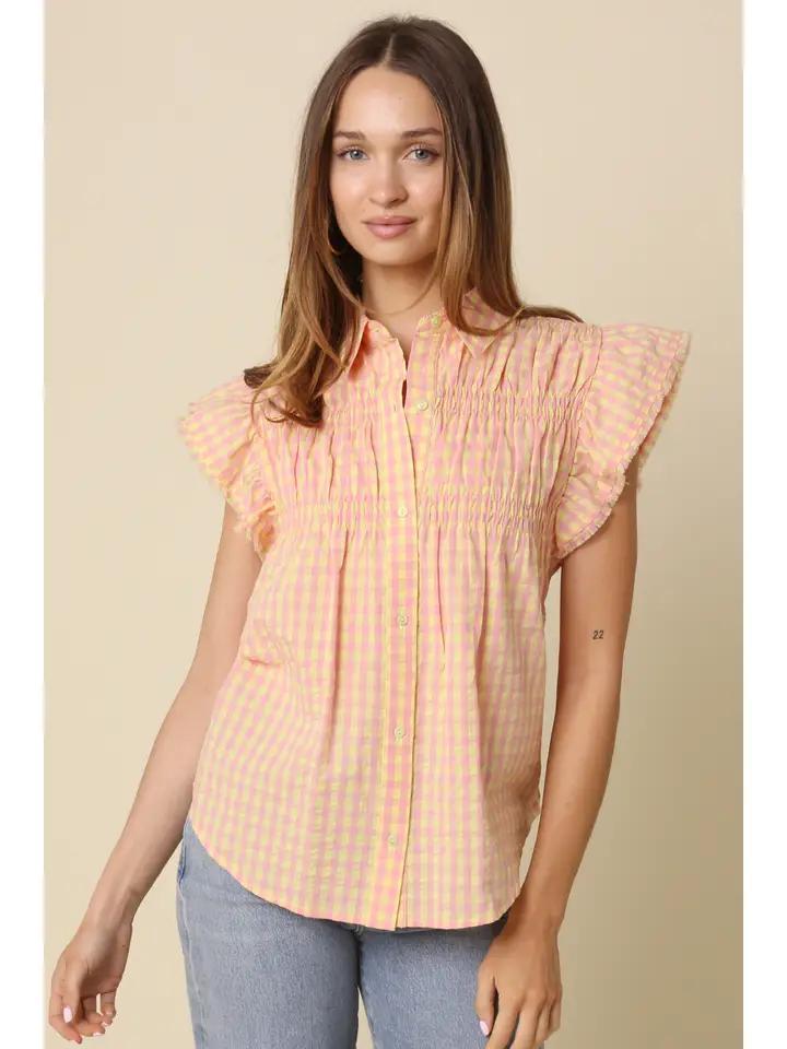 Pink and Yellow Gingham Flutter Sleeve Top