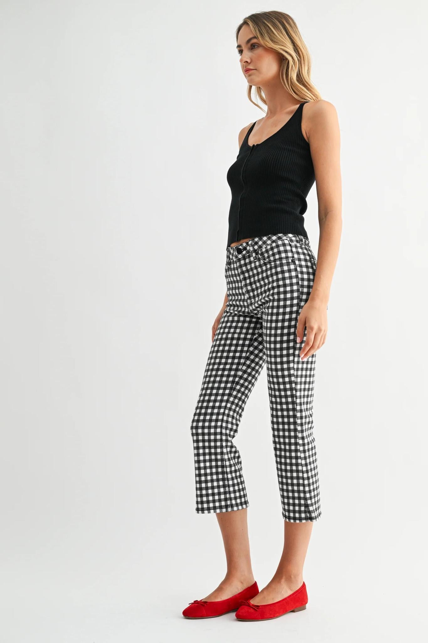 Black Gingham Skinny Capri with Slit Jeans