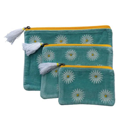 Velvet Daisies on Aqua Pouch Large