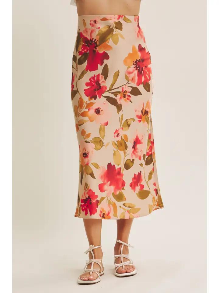 Taupe Multi Floral Midi Skirt