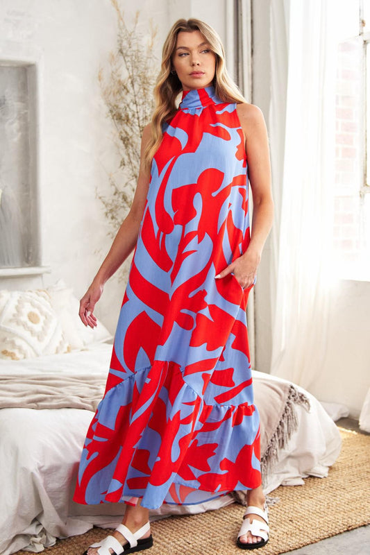 Sleeveless Abstract Print Mock Neck Maxi Dress