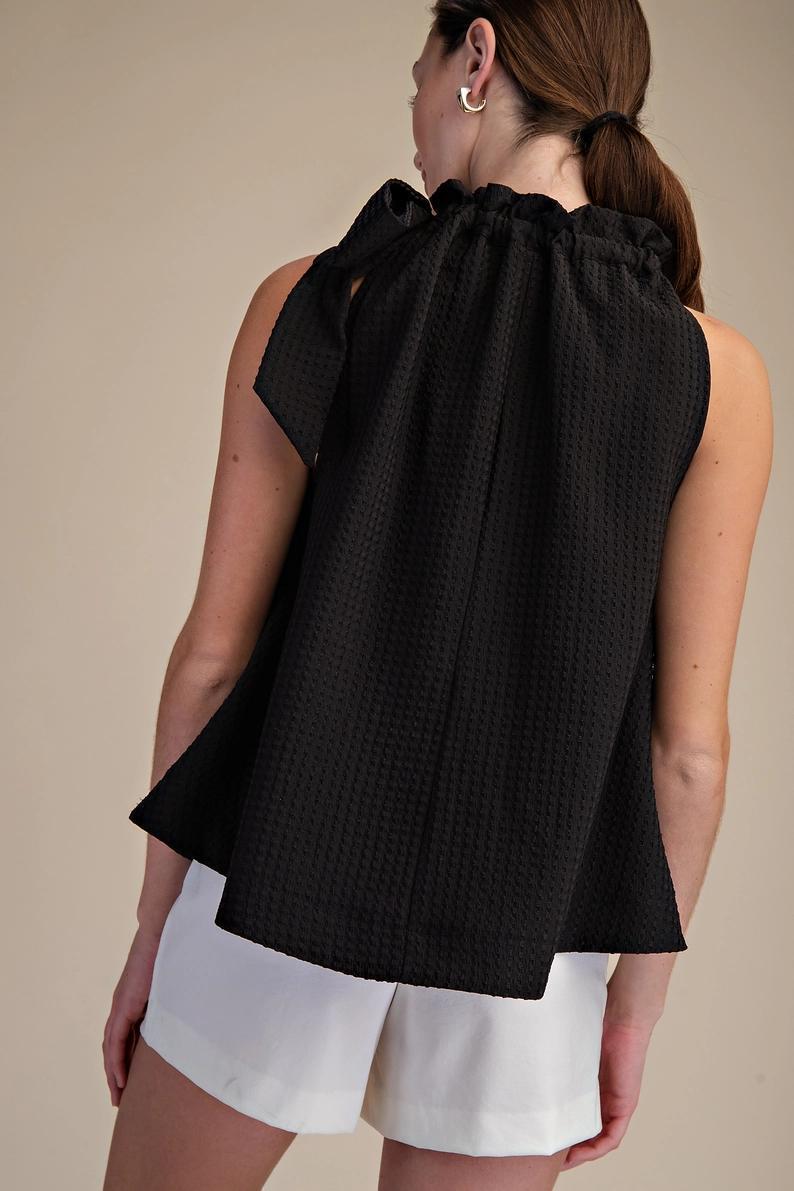Black Ruffle Neck Tie Top