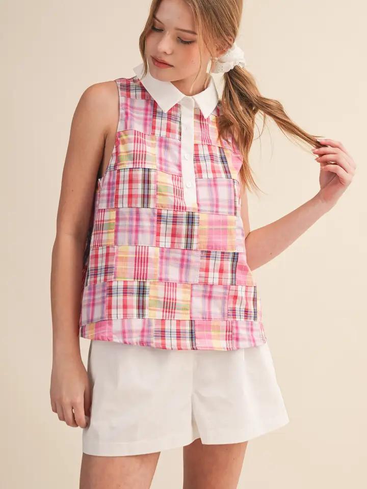 Pink Multi Plaid Patchwork Top