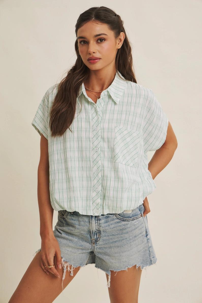 Kelly Green Crinkled Plaid Top