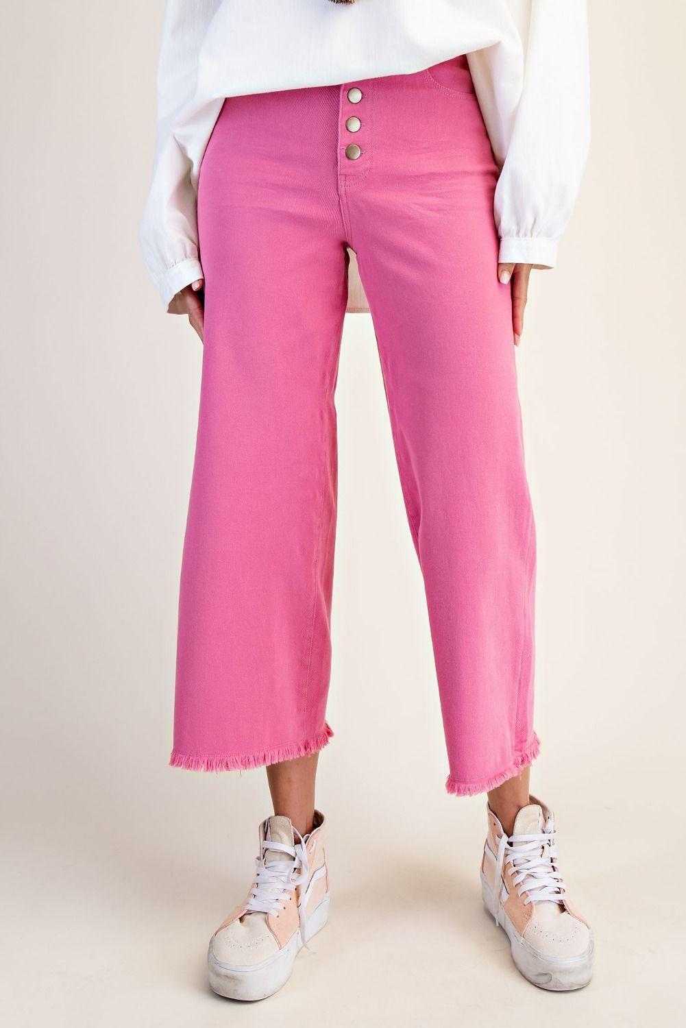 Retro Rose Button Front Stretch Twill Pants