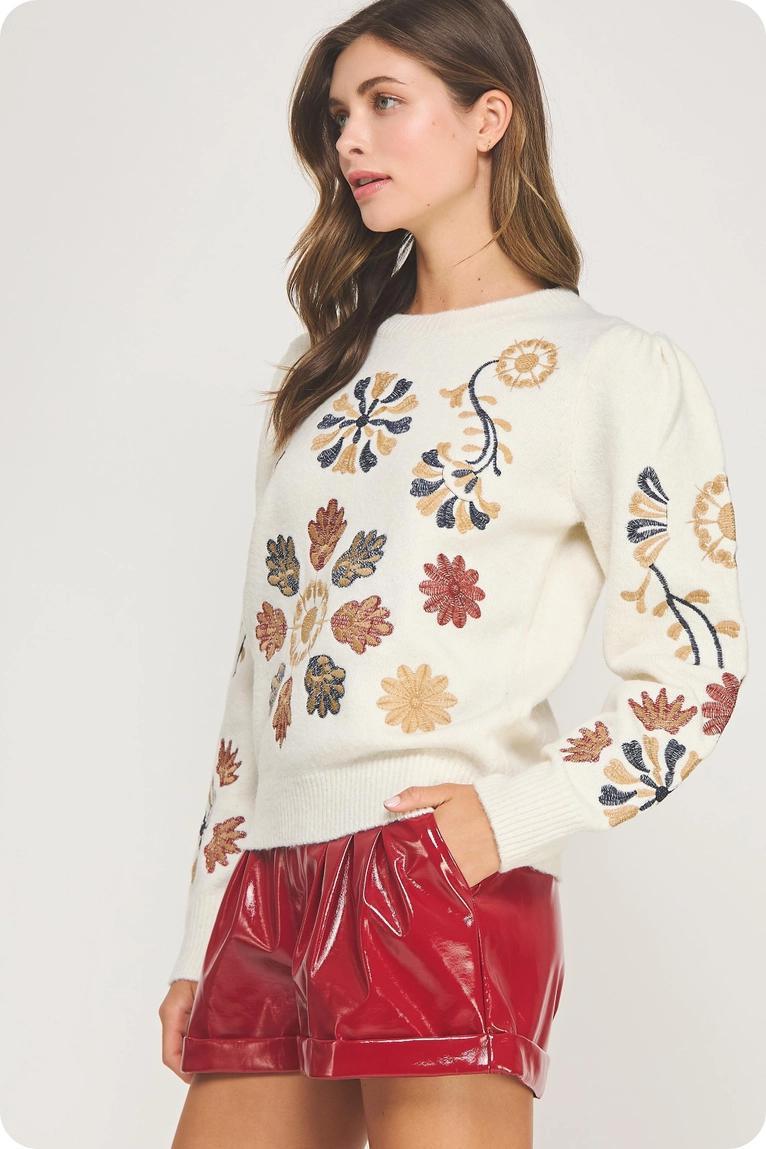Cream Multi Embroidered Knit Top