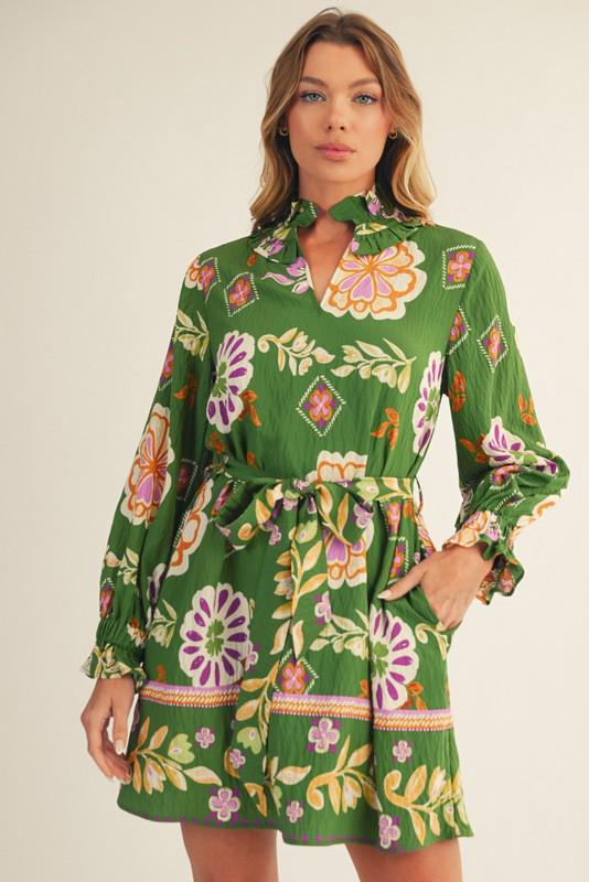 Olive Green Floral  Boho Dress