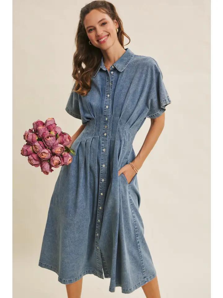 Denim Pleated Midi Dress