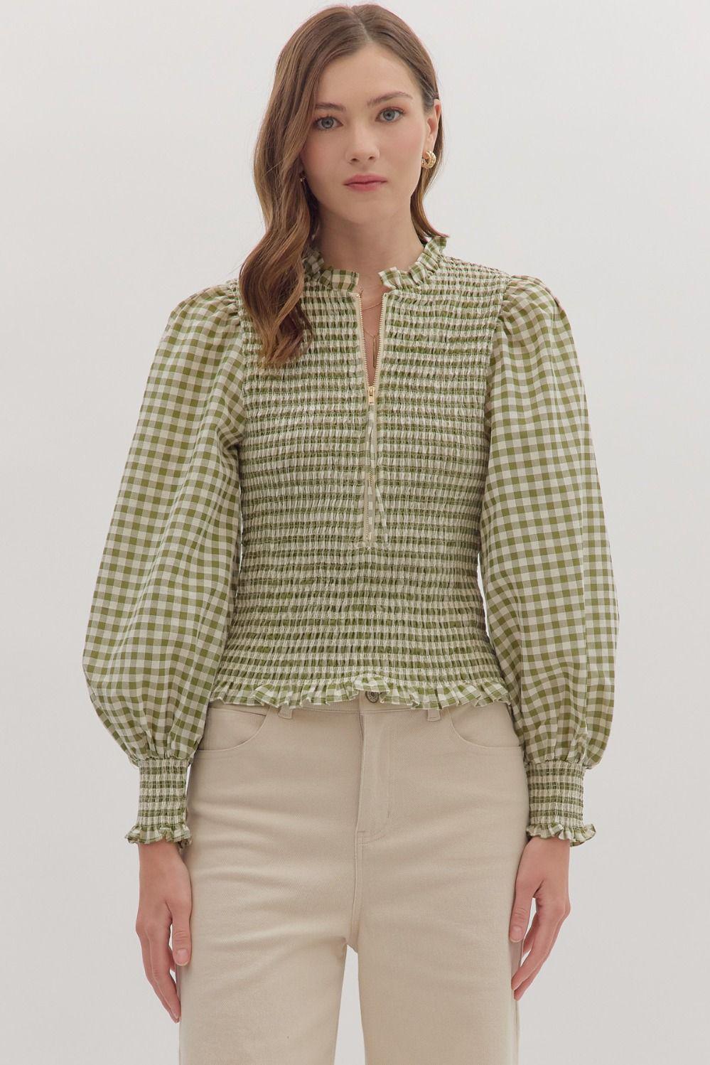 Olive and Cream Checked Smocked Top