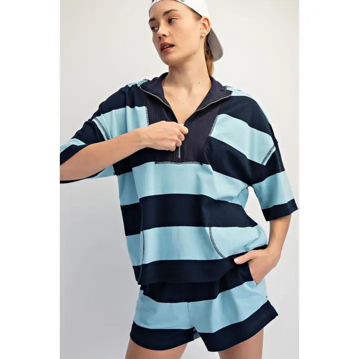 Navy and Sky blue Striped Short Set