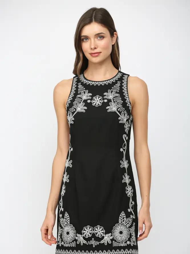 Black Embroidered Linen Dress