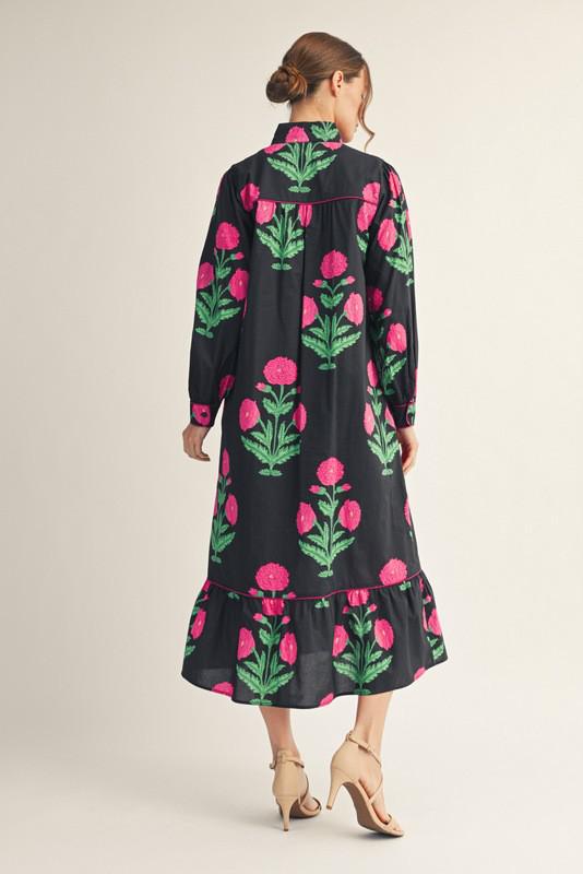 Black Floral Midi with Ruffle Hem