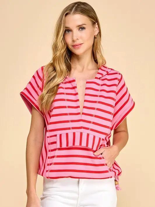 Pink Striped Hooded Top