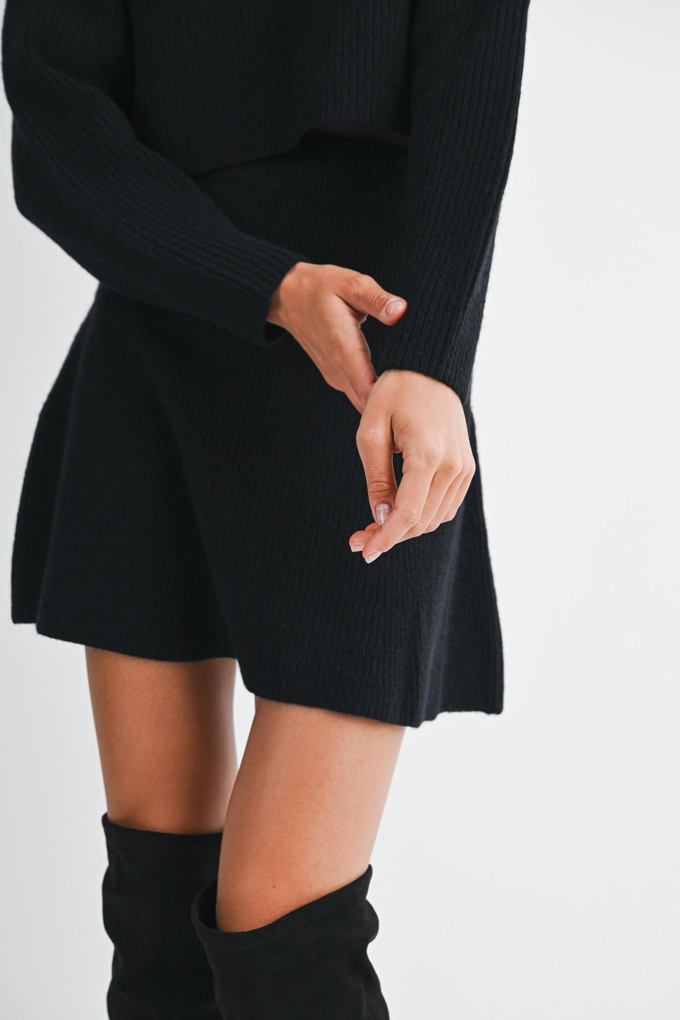 Black Knit Top and Flare Skirt Set