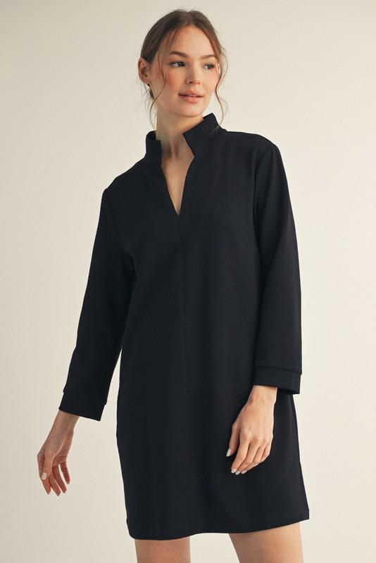 Black Stand Up Collar Shift Dress