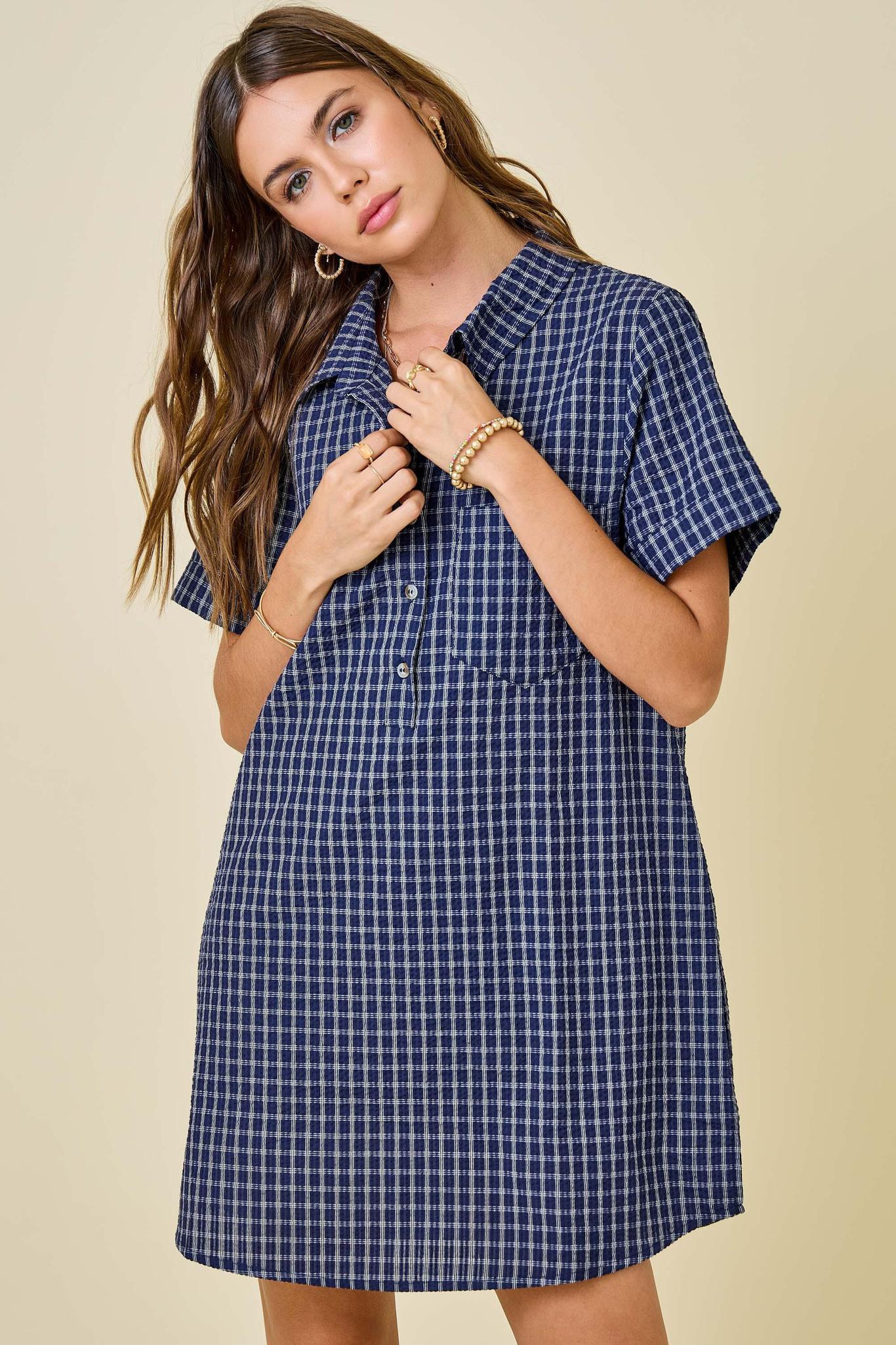 Navy Checkered Easy Shirt Dress