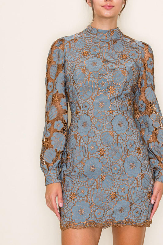Dusty Blue and Bronze Embroidered Mini Dress